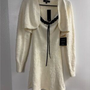 Lulu's Cream Fuzzy Knit Dress with Bolero Shrug